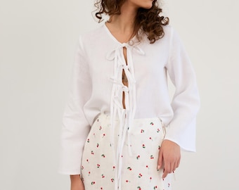 Linen mini wrap skirt, cherry print A line | ANNALISE