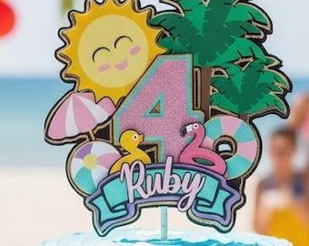 Pool Party Beach Theme Cake Topper – Tropical Birthday Decor – Acrylic Party Accessory
