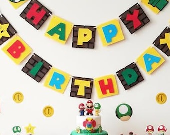 Gamer Birthday Banner - Custom Super Mario Theme Birthday Banner - Mario, Luigi, Star, and Toad - Free Shipping