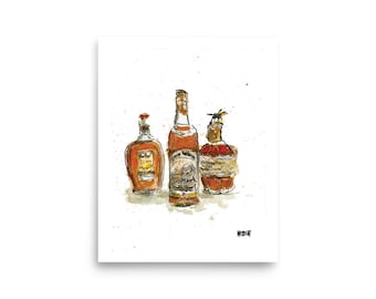 A Triple Treat for Bourbon Lovers: Watercolor and Ink Art of Pappy Van Winkle, Blanton's, and Four Roses