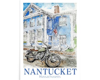 Nantucket Charm: Architectural & Motorcycle Watercolor Travel Poster by Phil McCreight – Vintage-Inspired Art