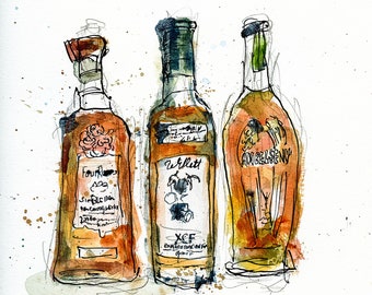 A Tale of Three Bourbons:  Watercolor & Ink Study of  Four Roses Single Barrel, Willet XCF, and Angels Envy