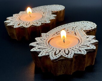 Gorgeous Handmade Wooden Hand Block Candle Holder, “Paisley” Design Tealight Holder Made with Pure Indian Sheesham Wood