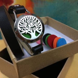 Black 25mm Tree of Life Pendant Diffuser Bracelet | Stainless steel | genuine leather | double wrap | twist-off cap | interchangeable band