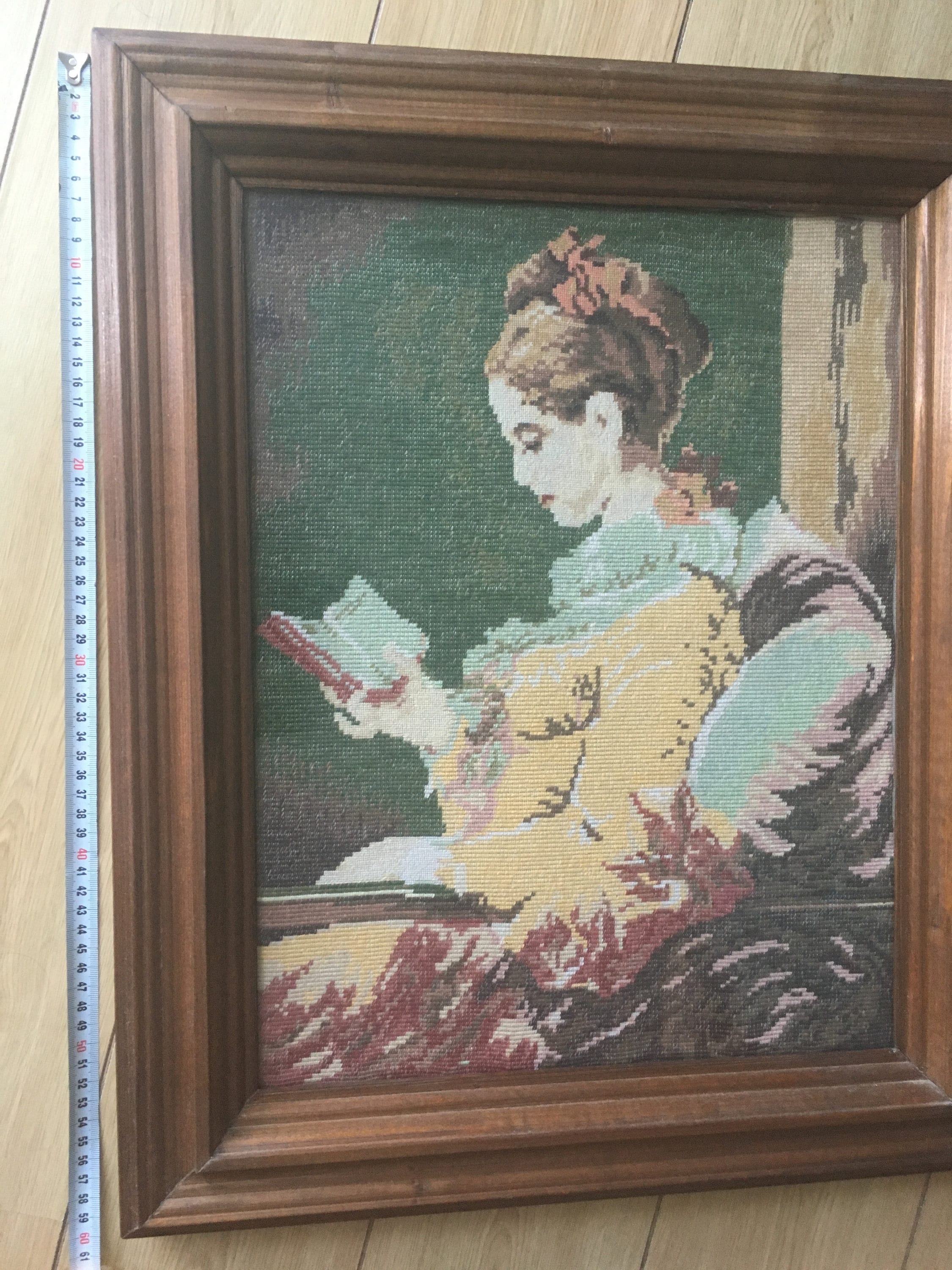 Finished Vintage Cross Stitch in a Wooden Frame Portrait of a Woman
