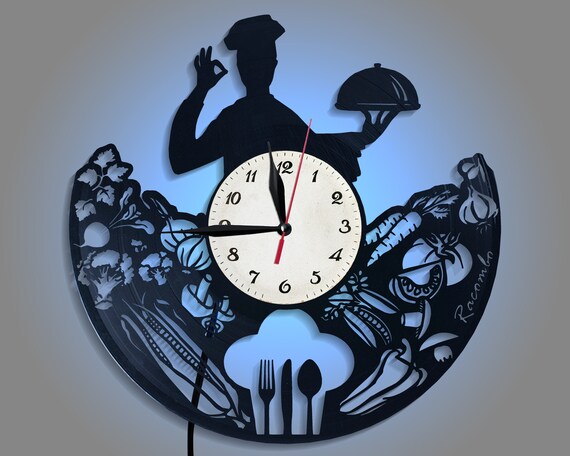 Chef Gift Led Wall Clock Kitchen Wall Art Vinyl Record Clock Etsy