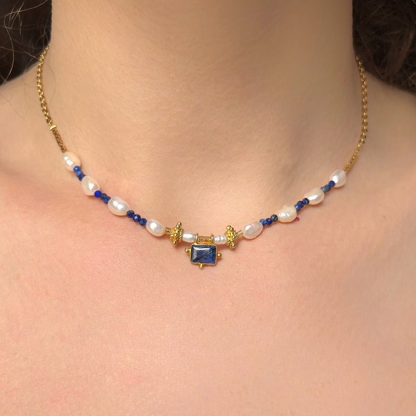 Collier en chaîne acier inoxydable avec pierres naturelles lapis-lazuli et perles eau douce - Bijou fait main