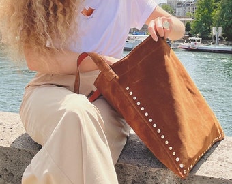 Soft camel suede bag, brown velvet leather tote bag, gold studs, leather zip pouch, lips accessory, orange and black bag, large leather bag