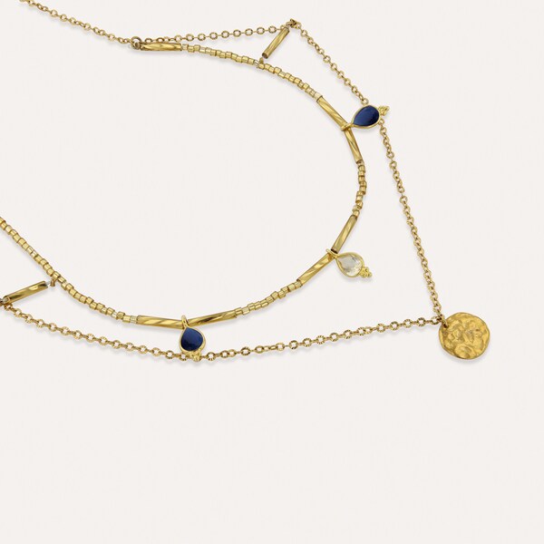 DEITE / Collar en acero inoxidable dorado y cuentas de cristal de Murano hechas a mano doradas con pan de oro y ágata azul y citrino