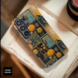 May include: A rectangular smartphone case featuring a collage of vintage-style rectangular frames, script text, and vibrant yellow marigold flowers set against a dark teal and navy blue background with a multi-lens camera cutout at the top left.