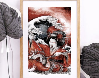 Poster poster kraken geisha warrior japan yakusa tattoo red black geisha watercolor illustration