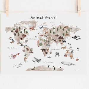 DESCARGAR versión INGLÉS mapa mundial NIÑO habitación infantil sala de juegos cartel de animales