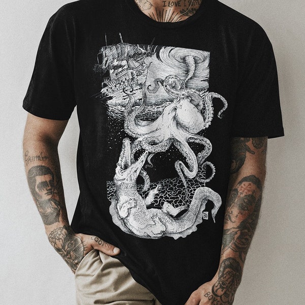 t shirt kraken tattoo serigraphie noir blanc minimaki
