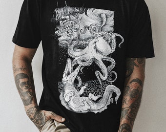 t shirt kraken tattoo serigraphie noir blanc minimaki