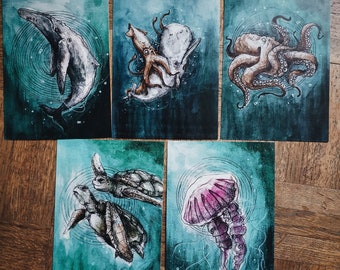 Set of 5 illustration cards ocean abyss vintage animals watercolor