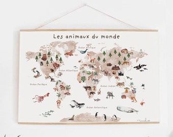 affiche  GEANTE  seule poster carte du monde  enfant animaux français rentrée scolaire education apprentissage