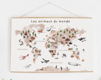 poster alone GIANT poster world map animals French back to school education learning