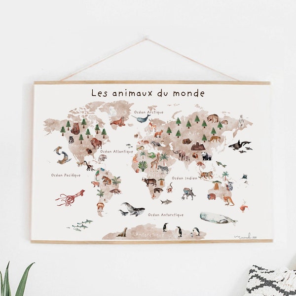 affiche seule  GEANTE  poster carte du monde animaux français rentrée scolaire education apprentissage