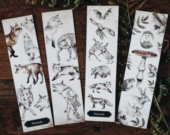 Set of 2 bookmarks double-sided forest woodland fox animals watercolor