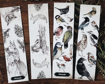 Set of 2 bookmarks double-sided forest woodland birds squirrel animals watercolor