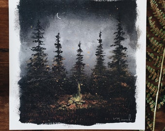 Illustration card 21cm camping night dark fire forest woodland magic fairy minimaki