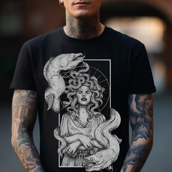 t shirt medusa mythology tattoo screen printing black white minimaki