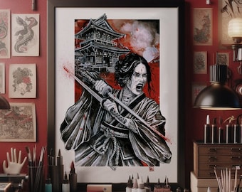 Poster med en samurajkrigare från Japan, en yakuza-tatuering och en geisha med en röd och svart akvarell illustration.