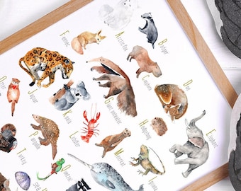 English alphabet ABC abbreviation telecharger printable animals baby child watercolor decoration room