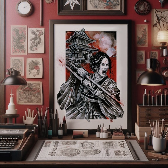 Poster samurai warrior japan yakusa tattoo red black geisha illustration watercolor