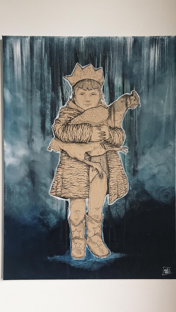 original collage painting on minimaki forest character frame