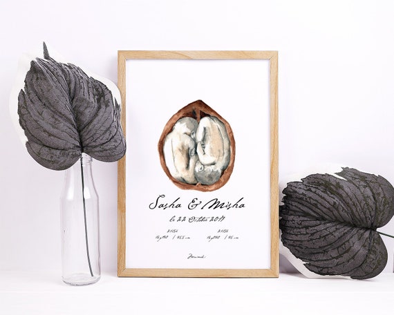 personalized vintage watercolor twin birth poster