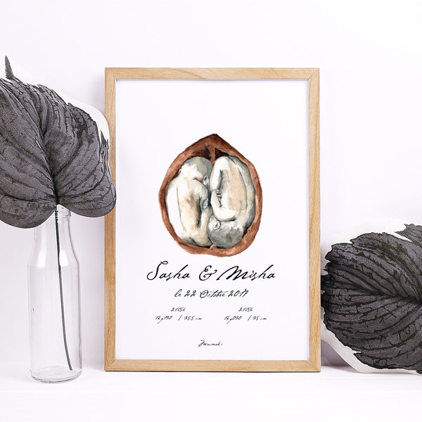 personalized vintage watercolor twin birth poster
