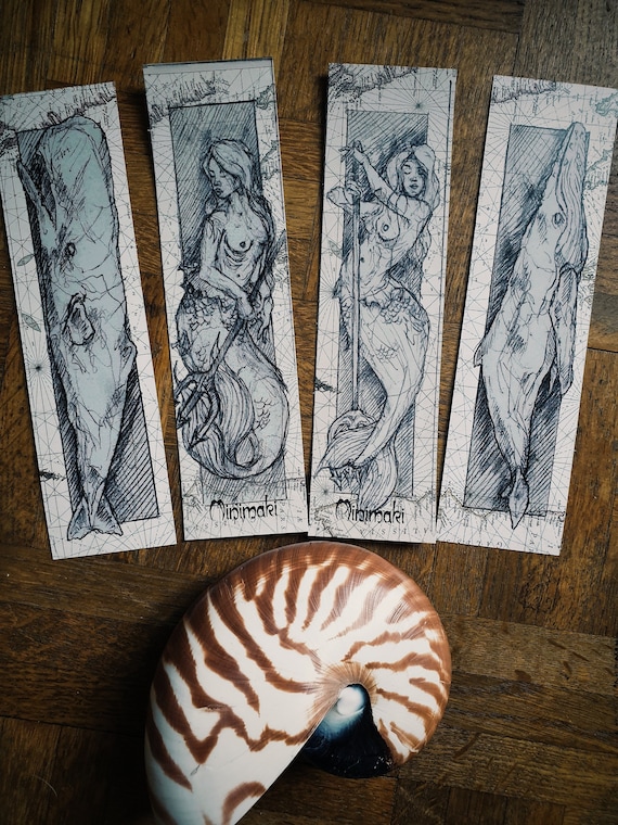 Set of 2 bookmarks double-sided ocean abyss watercolor animals