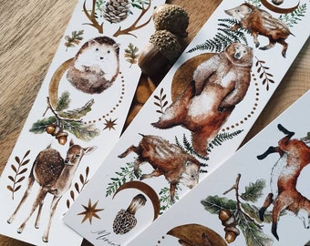 Set of 2 double-sided bookmarks drill woodland deer doe fox animals watercolor