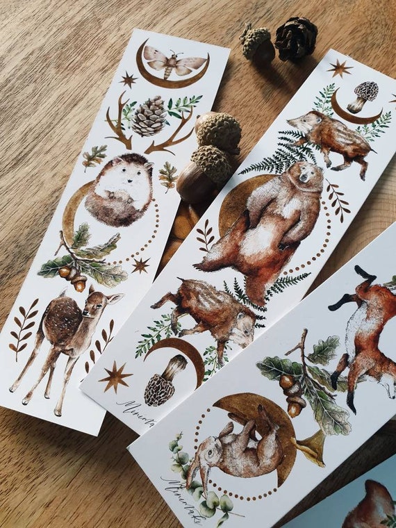 Set of 2 double-sided bookmarks drill woodland deer doe fox animals watercolor
