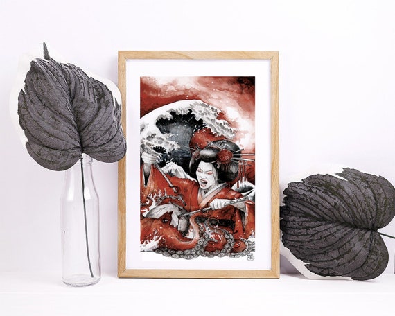 Poster kraken geisha warrior japan yakusa tattoo red black geisha illustration watercolor