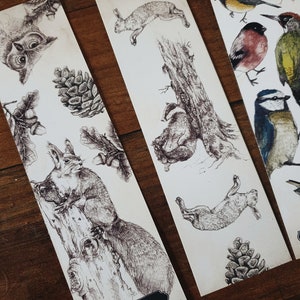 Set of 2 bookmarks double-sided forest woodland birds squirrel animals watercolor image 3