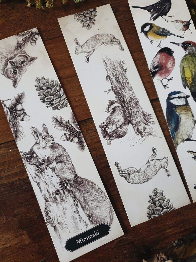 Set of 2 bookmarks double-sided forest woodland birds squirrel animals watercolor image 3
