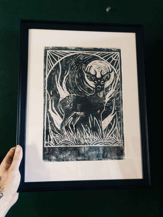 linocut deer forest minimaki black limited edition animal