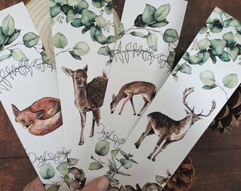 Set of 2 double-sided bookmarks forest woodland deer doe fox animals watercolor