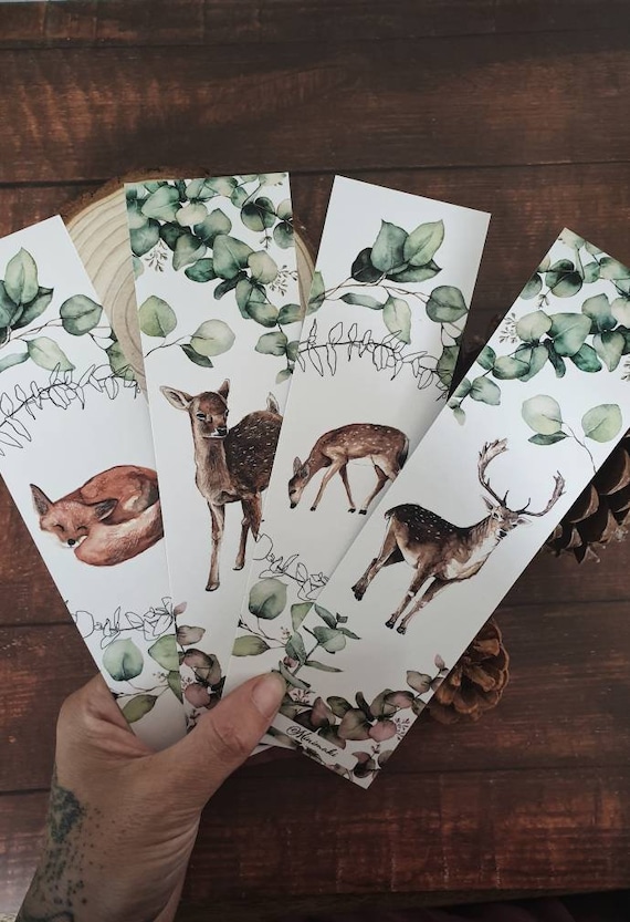 Set of 2 double-sided bookmarks forest woodland deer doe fox animals watercolor