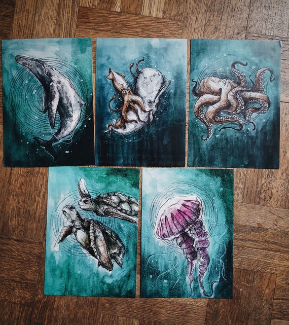 Set of 5 illustration cards ocean abyss vintage animals watercolor