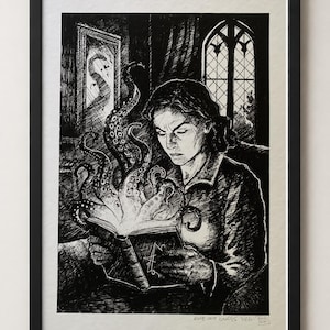 May include: A framed black and white ink illustration depicting a person reading a book from which dark tentacles emerge. The scene includes a mirror and a window in the background. The text "Haine aux bulles" is written at the bottom of the print.