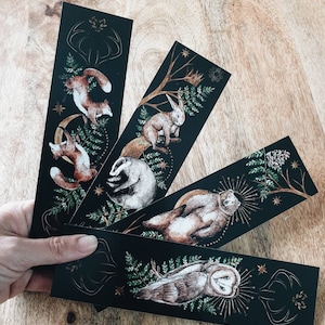 Set of 2 bookmarks double-sided forest woodland deer doe fox animals watercolor