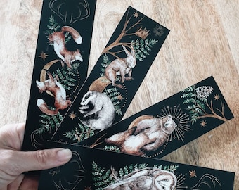 Set of 2 double-sided bookmarks forest woodland deer doe fox animals watercolor