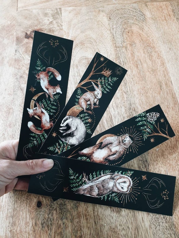 Set of 2 double-sided bookmarks forest woodland deer doe fox animals watercolor