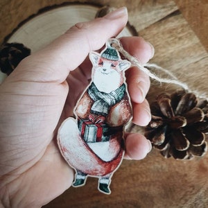 Fox wood ornament minimaki watercolor illustration Christmas tree gift