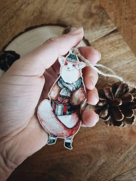 Fox wood ornament minimaki watercolor illustration Christmas tree gift