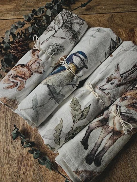 LOT 4 maxi baby swaddles forest bamboo watercolor vintage birth gift veil breastfeeding squirrel