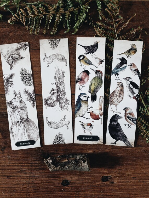 Set of 2 double-sided bookmarks forest woodland birds squirrel animals watercolor